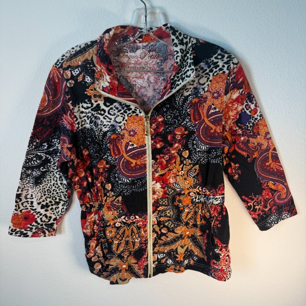 Onque Red Black Animal Print Floral Full Zip Lightweight Jacket SZ Petite Small